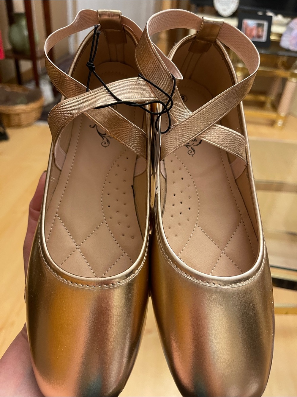 NWT! Women's Metallic Gold Cross-Strap Ballet Flats